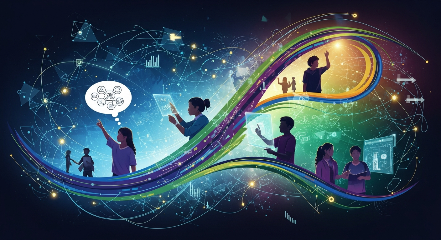 Abstract visual representing digital education, with interconnected nodes, student profiles, and data streams forming a futuristic learning network.